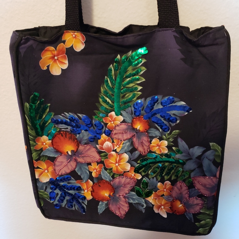 Hawaiian Flowers Black Fabric Tote Bag ~ 12" x13" ~ Reinforced